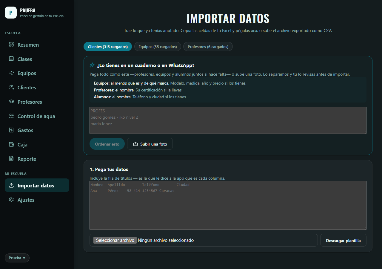 Pantalla de Importar datos con clientes, equipos y profesores cargados