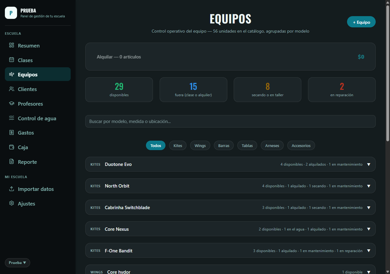 Inventario de equipos multideporte con estado en vivo