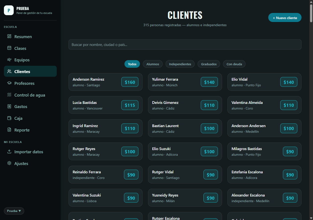 Listado de clientes con su deuda, buscador y filtros